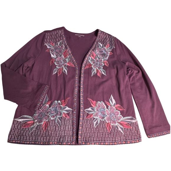 Soft Surroundings Playa Embroidered Jacket Open Front Women L Dark Berry Mauve - Picture 1 of 13